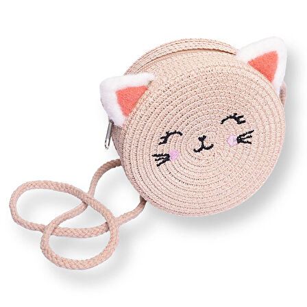 HelloBaby Kız Bebek Kedi Hasır Çocuk Çantası Fermuarlı