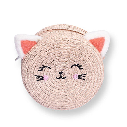 HelloBaby Kız Bebek Kedi Hasır Çocuk Çantası Fermuarlı