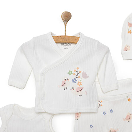 Tiffany Yenidoğan Kız Bebek Prematüre Set İnterlok Kuş Desenli Zarf Yaka Uzun Kol Ekru