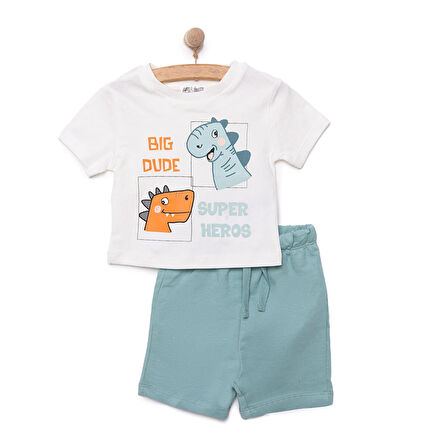 HelloBaby Erkek Bebek Tişört-Şort 2li Takım Bisiklet Yaka Reçme Paça Kısa Kol Ekru 6 Ay
