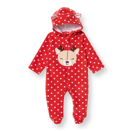 HelloBaby Kız Bebek Polar Tulum Hayvan Baskılı Fermuarlı Kapüşonlu Uzun Kol Patikli