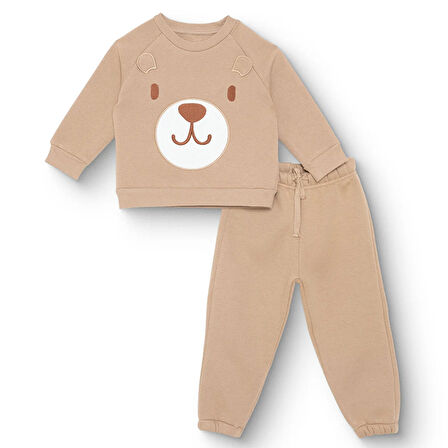 HelloBaby Erkek Bebek Hello Cute Bear Eşofman Takımı Şardonlu Bisiklet Yaka Uzun Kol Ribanalı Paça