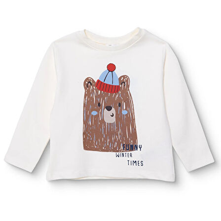 HelloBaby Erkek Bebek Hello Cute Bear Uzun Kol Tshirt İki İplik Bisiklet Yaka Uzun Kol