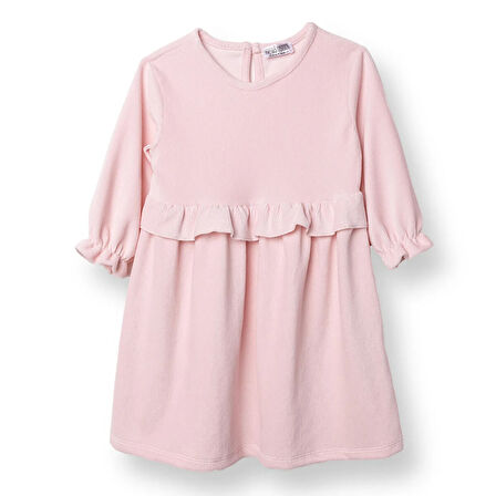 HelloBaby Kız Bebek Enjoy Bear Kadife Elbise Düğmeli Uzun Kol