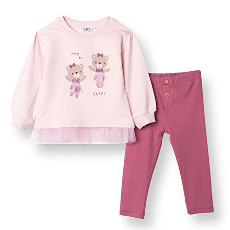 HelloBaby Kız Bebek Bluz - Tayt Enjoy Bear İki İplik Uzun Kol Reçme Paça