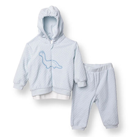 Bebetto Erkek Bebek Yenidoğan Dinosaur Sweatshirt-Hırka-Alt Fitilli Kadife Uzun Kol Patiksiz Paça