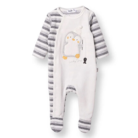 Bebetto Erkek Bebek Yenidoğan Kadife Patikli Tulum Çıtçıtlı Happy Penguin Bisiklet Yaka Uzun Kol Patikli Pa