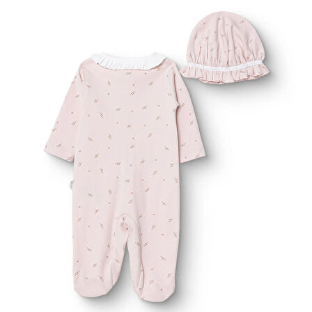 Bebetto Kız Bebek Yenidoğan Tiny Florist Tulum-Şapka İnterlok Fırfırlı Yaka Uzun Kol Patikli Paça