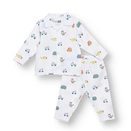 HelloBaby Erkek Bebek Uzun Kol Pijama Takımı Düğmeli Bebe Yaka Reçme Paça