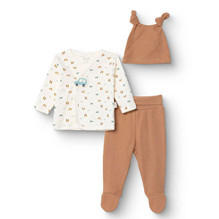 Bebetto Erkek Bebek Yenidoğan Wooden Car Zıbın-Şapka-Patikli Alt V Yaka Uzun Kol Patikli Paça