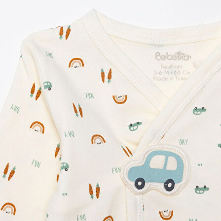 Bebetto Erkek Bebek Yenidoğan Wooden Car Zıbın-Şapka-Patikli Alt V Yaka Uzun Kol Patikli Paça