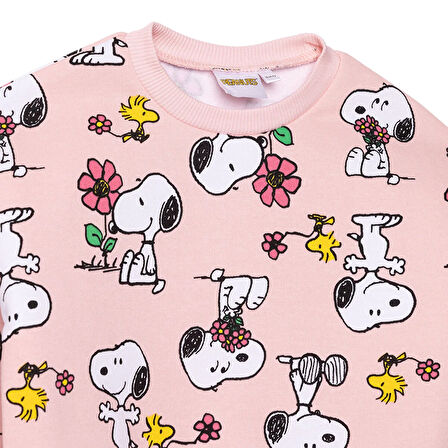 Snoopy Kız Bebek Eşofman Takımı Üç İplik Bisiklet Yaka Uzun Kol Ribanalı Paça
