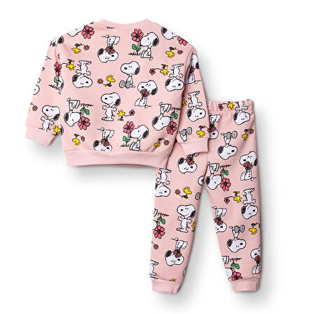 Snoopy Kız Bebek Eşofman Takımı Üç İplik Bisiklet Yaka Uzun Kol Ribanalı Paça