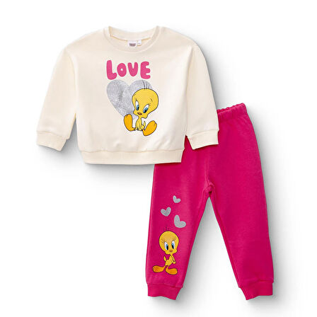 Looney Tunes Kız Bebek Eşofman Takımı Üç İplik Bisiklet Yaka Uzun Kol Ribanalı Paça