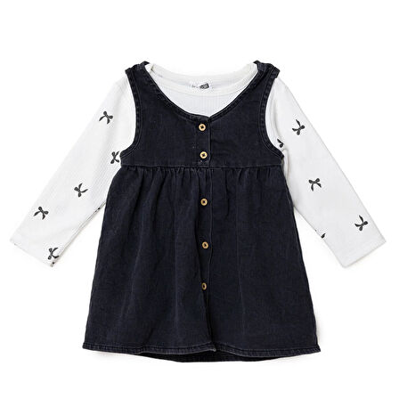 HelloBaby Kız Bebek Monochrome Elbise Tshirt Düğmeli Denim Atlet Kol