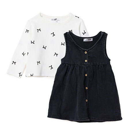 HelloBaby Kız Bebek Monochrome Elbise Tshirt Düğmeli Denim Atlet Kol