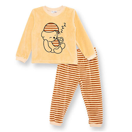 HelloBaby Erkek Bebek Kadife Pijama Takımı Bisiklet Yaka Uzun Kol Ribanalı Paça