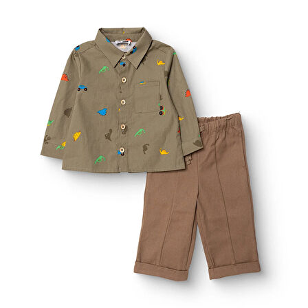 HelloBaby Erkek Bebek Gömlek-Pantolon Düğmeli Poplin Kapüşonlu Yaka Reçme Paça