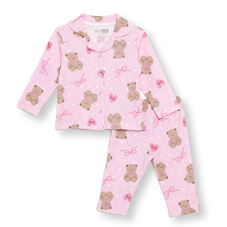 HelloBaby Kız Bebek Uzun Kol Pijama Takımı İnterlok Düğmeli Bebe Yaka Reçme Paça