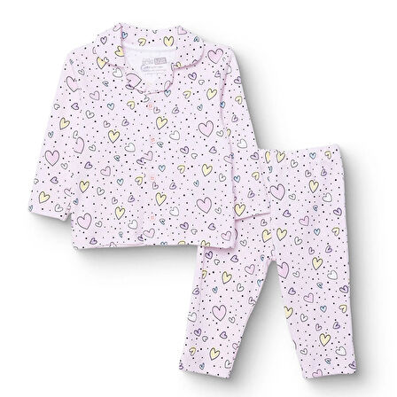 HelloBaby Kız Bebek Uzun Kol Pijama Takımı İnterlok Gömlek Yaka Uzun Kol Reçme Paça
