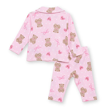 HelloBaby Kız Bebek Uzun Kol Pijama Takımı İnterlok Düğmeli Bebe Yaka Reçme Paça