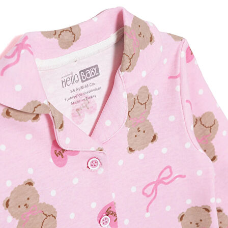 HelloBaby Kız Bebek Uzun Kol Pijama Takımı İnterlok Düğmeli Bebe Yaka Reçme Paça