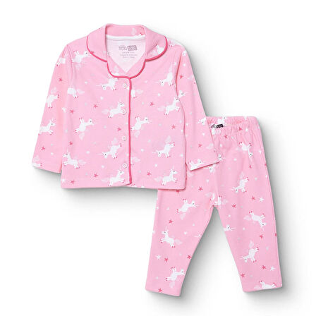 HelloBaby Kız Bebek Uzun Kol Pijama Takımı İnterlok Gömlek Yaka Uzun Kol Reçme Paça