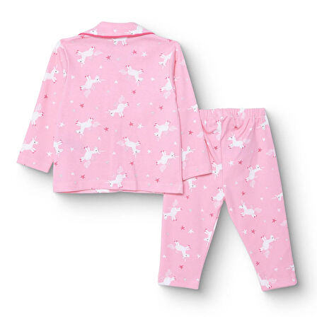 HelloBaby Kız Bebek Uzun Kol Pijama Takımı İnterlok Gömlek Yaka Uzun Kol Reçme Paça