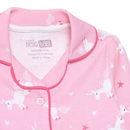HelloBaby Kız Bebek Uzun Kol Pijama Takımı İnterlok Gömlek Yaka Uzun Kol Reçme Paça