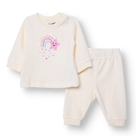 HelloBaby Kız Bebek Kadife Pijama Takımı Kadife Bisiklet Yaka Ribanalı Paça