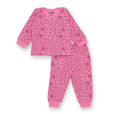 HelloBaby Kız Bebek Uzun Kol Pijama Takımı İnterlok Bisiklet Yaka Reçme Paça
