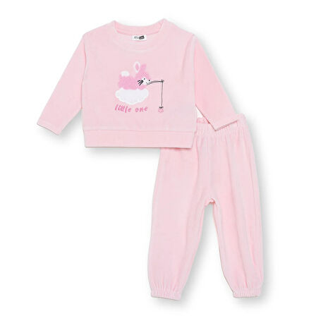 HelloBaby Kız Bebek Kadife Pijama Takımı Bisiklet Yaka Uzun Kol Ribanalı Paça