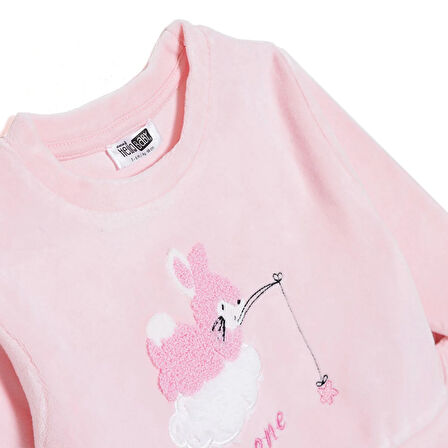 HelloBaby Kız Bebek Kadife Pijama Takımı Bisiklet Yaka Uzun Kol Ribanalı Paça