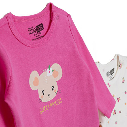 HelloBaby Kız Bebek 2li Uzun Kol Body Ribana Çıtçıtlı Yaka