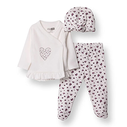 HelloBaby Kız Bebek Yenidoğan Zıbın-Şapka-Patikli İnterlok V Yaka Uzun Kol Patikli Paça