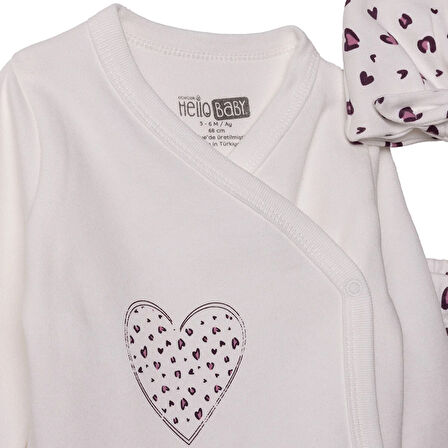 HelloBaby Kız Bebek Yenidoğan Zıbın-Şapka-Patikli İnterlok V Yaka Uzun Kol Patikli Paça