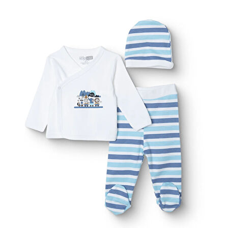 HelloBaby Erkek Bebek Yenidoğan Zıbın-Şapka-Patikli İnterlok V Yaka Uzun Kol Patikli Paça