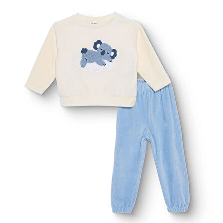 HelloBaby Erkek Bebek Kadife Pijama Takımı Bisiklet Yaka Uzun Kol Ribanalı Paça