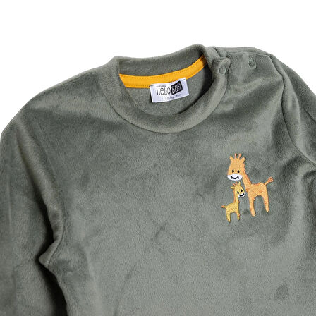 HelloBaby Erkek Bebek Kadife Pijama Takımı Çıtçıtlı Bisiklet Yaka Uzun Kol Ribanalı Paça