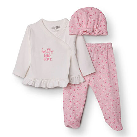 HelloBaby Kız Bebek Yenidoğan Zıbın-Şapka-Patikli Alt İnterlok V Yaka Uzun Kol Patikli Paça