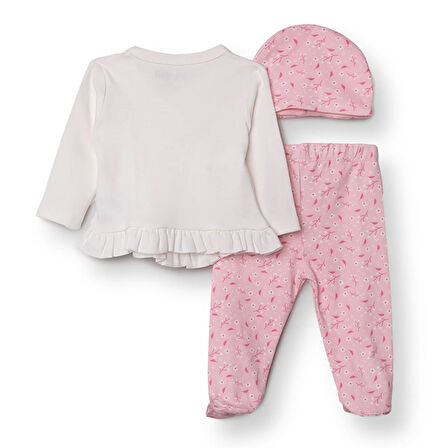 HelloBaby Kız Bebek Yenidoğan Zıbın-Şapka-Patikli Alt İnterlok V Yaka Uzun Kol Patikli Paça