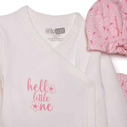 HelloBaby Kız Bebek Yenidoğan Zıbın-Şapka-Patikli Alt İnterlok V Yaka Uzun Kol Patikli Paça