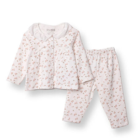 HelloBaby Kız Bebek Uzun Kol Pijama Takımı İnterlok Bebe Yaka Uzun Kol Reçme Paça