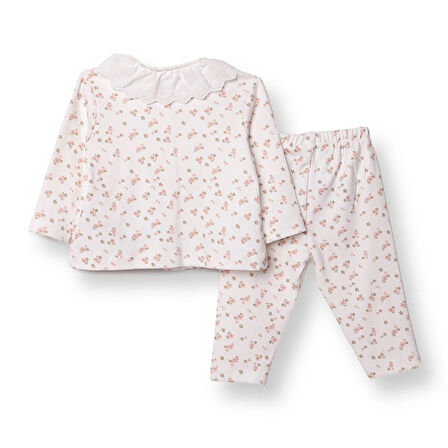 HelloBaby Kız Bebek Uzun Kol Pijama Takımı İnterlok Bebe Yaka Uzun Kol Reçme Paça