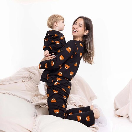 baby mom Anne Hamile Pijama Takımı Ayı Baskılı Bisiklet Yaka Uzun Kol Reçme