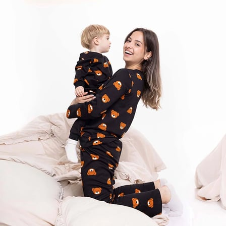 baby mom Anne Hamile Pijama Takımı Ayı Baskılı Bisiklet Yaka Uzun Kol Reçme
