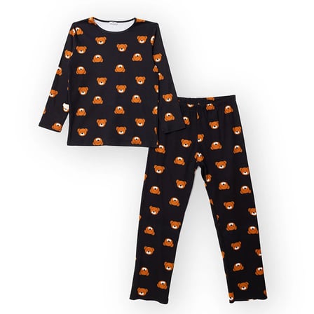 baby mom Anne Hamile Pijama Takımı Ayı Baskılı Bisiklet Yaka Uzun Kol Reçme