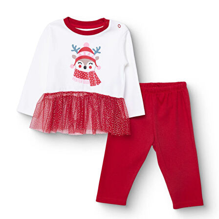 HelloBaby Kız Bebek New Year Uzun Kol Pijama Takımı İnterlok Bisiklet Yaka Uzun Kol Reçme Paça