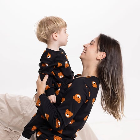 baby mom Anne Hamile Pijama Takımı Ayı Baskılı Bisiklet Yaka Uzun Kol Reçme