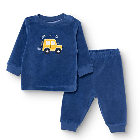 HelloBaby Erkek Bebek Kadife Pijama Takımı Bisiklet Yaka Uzun Kol Ribanalı Paça